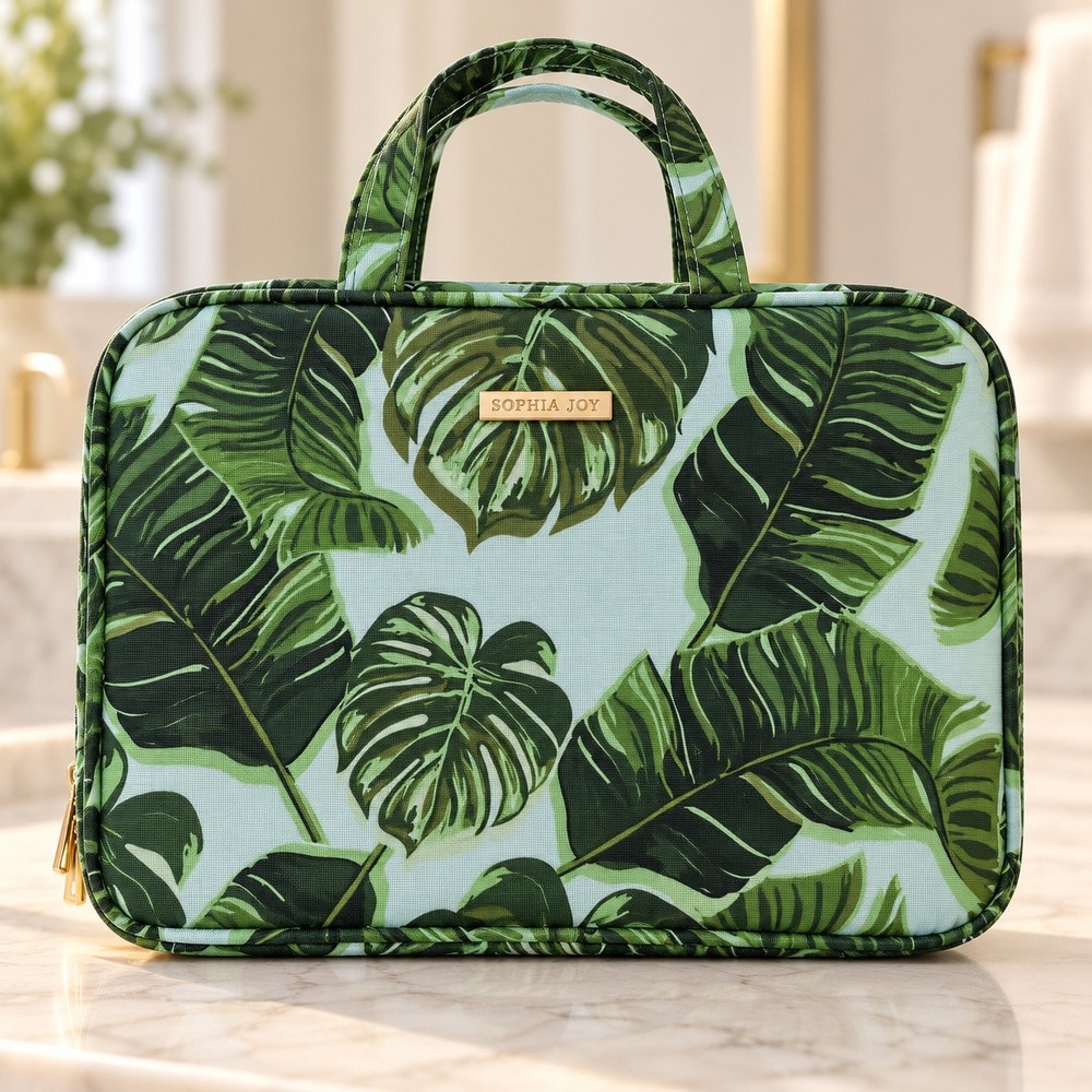 Sophia Joy Tropical Monstera Leaf Print Travel Toiletry Bag Green Toiletry Bag